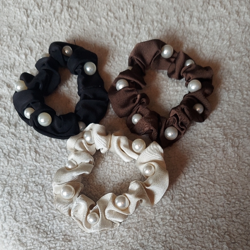 Elegant Pearl-Embellished Scrunchies Set - Black, Brown, Cream